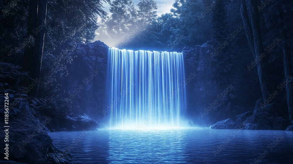 Poster a serene waterfall cascading into a tranquil pool, illuminated by soft, ethereal light.