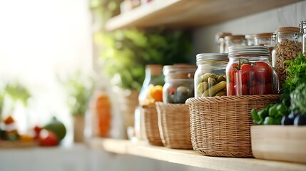 Rustic and cozy pantry storage room filled with wicker baskets mason jars and various culinary ingredients and produce showcasing a homely farmhouse inspired interior design
