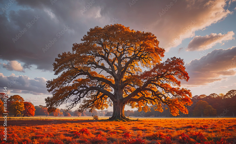 Aufkleber large tree with orange leaves is in a field. the sky is cloudy and the sun is setting