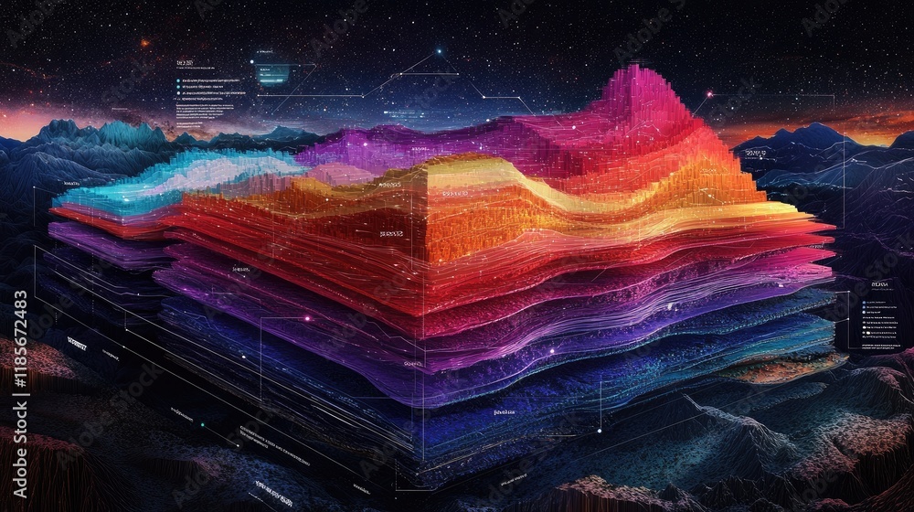 Poster a stacked area chart with vibrant colors on a digital screen, showing layered data distribution over