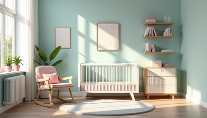 A 3D-rendered stock photo of a modern nursery with a crib, pastel decorations, and a rocking chair.