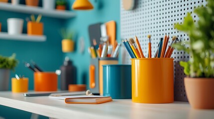 Crafting and Office Supply Storage with Vibrant Colored Bins Pegboards and Desk Accessories in a Organized Home or Studio Workspace