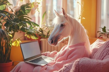 A white horse is sitting on a pink blanket and looking at a laptop