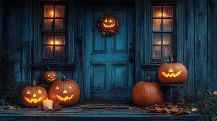 Obraz premium A cozy Halloween scene featuring carved pumpkins on a doorstep, illuminated by warm lights.