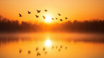 Obraz premium Silhouette of Birds Flying Over a Calm Lake at Sunrise with Warm Golden Glow 