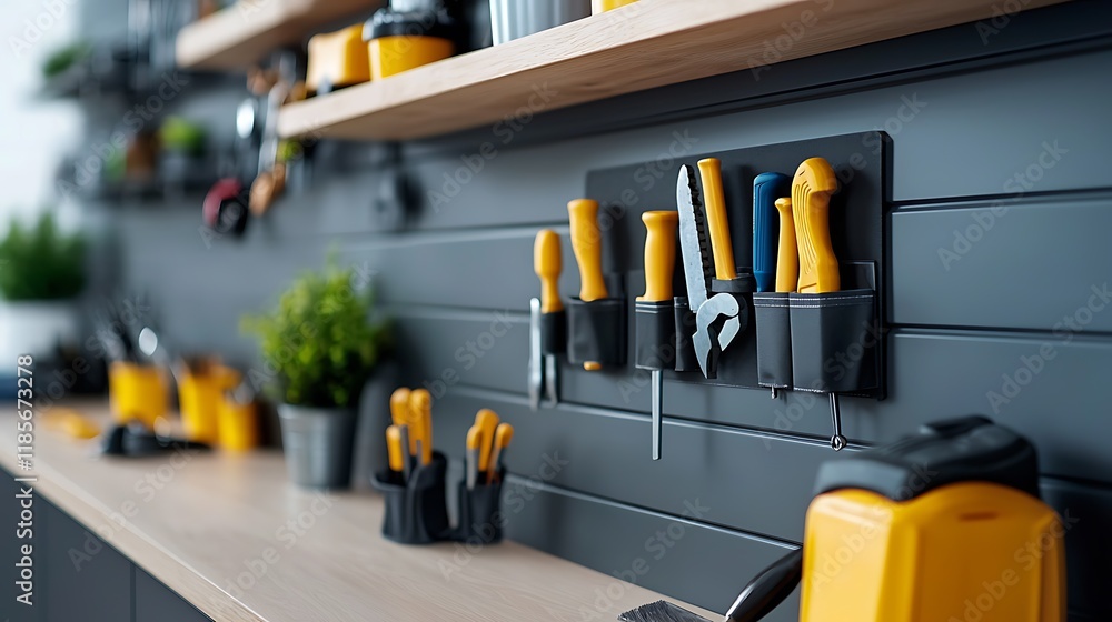 Poster sleek and functional utility storage room with wall mounted shelves providing efficient organization