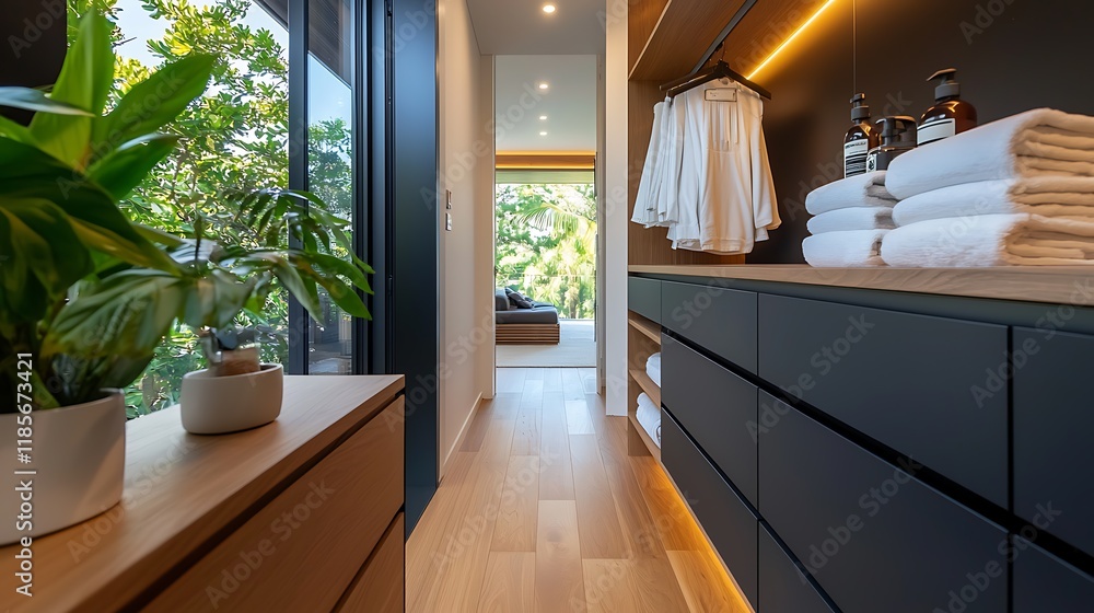 Poster Elegantly Designed Walk in Storage Room with Custom Cabinetry and Natural Lighting  Showcasing a harmonious blend of modern aesthetics functional storage solutions and a serene inviting atmosphere