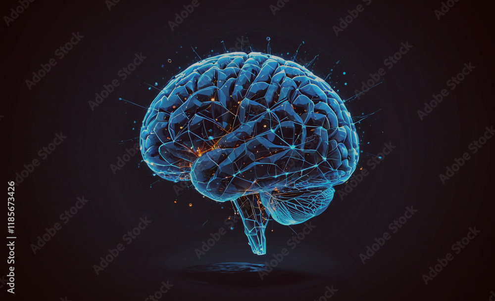 Poster Brain is shown in a blue color. The brain is surrounded by a black background. The brain is shown in a 3D form