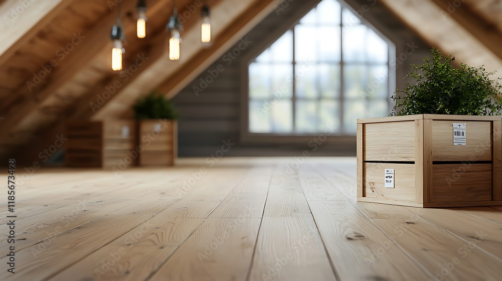 Poster cozy and efficient attic space with wooden crates hanging shelves and natural decor elements creatin