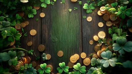 A lively green card surrounded by clover leaves and gold coins