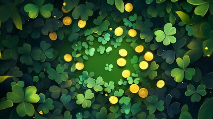A lively green card surrounded by clover leaves and gold coins