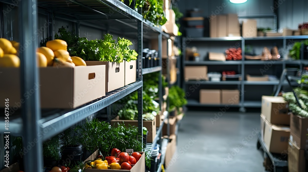 Poster organized and efficient industrial storage room with metal racks and neatly stacked crates of fresh 