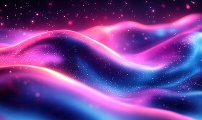Fototapeta premium A vibrant, abstract landscape with flowing waves of pink and blue hues, creating a cosmic and dreamy atmosphere.