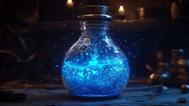 A container of enchanted elixir that glows ashes blue