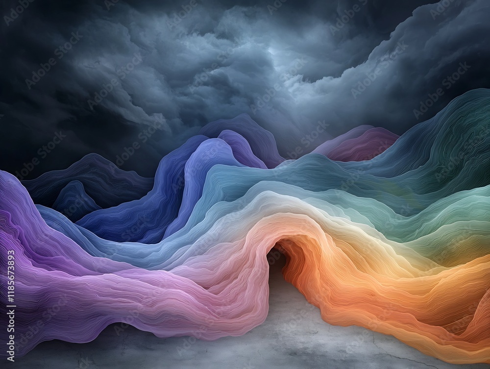 Poster captivating dynamic topographical rainfall data heat map sinuous flowing river of color advanced alg