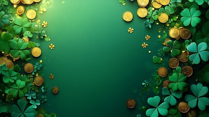 Naklejka premium Decorative green card with clovers and golden coins celebrating St Patricks