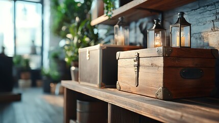 A cozy and inviting rustic storage room with vintage trunks lanterns and other antique decor items displayed on wooden shelves creating a warm and charming atmosphere