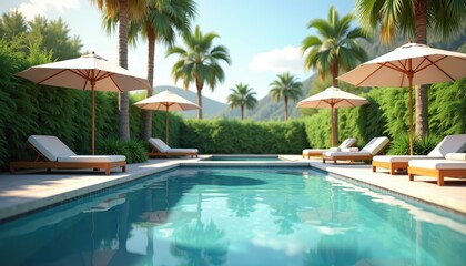 Fototapeta premium A 3D-rendered stock photo of a tranquil outdoor pool area with lounge chairs, umbrellas, and tropical plants.