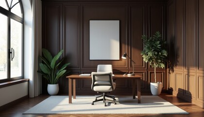 A 3D-rendered stock photo of an elegant home office with a dark wood desk, comfortable chair, and desk lamp.