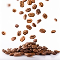 Obraz premium coffee beans falling into pile of beans on table with white background