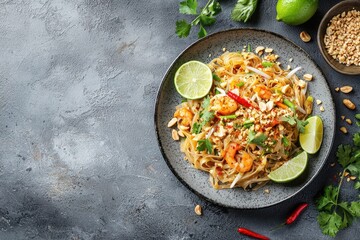 Delicious plate of pad thai with fresh lime street food market thai cuisine culinary delight close-up view vibrant and flavorful experience