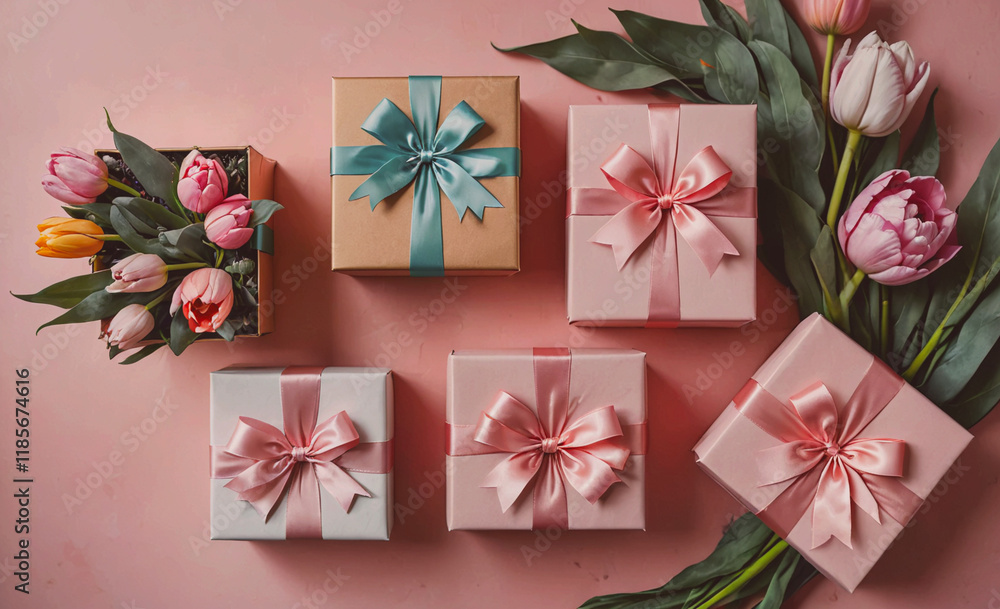 Poster row of pink boxes with bows on them. the boxes are arranged in a row and are next to a vase of flowe
