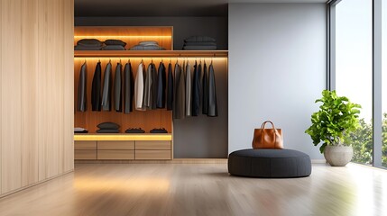 Organized Walk In Closet with Custom Shelves and Clothing Storage in a Stylish Minimalist Interior Design