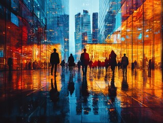 A vibrant cityscape at dusk, showcasing silhouettes of people against reflective glass buildings.