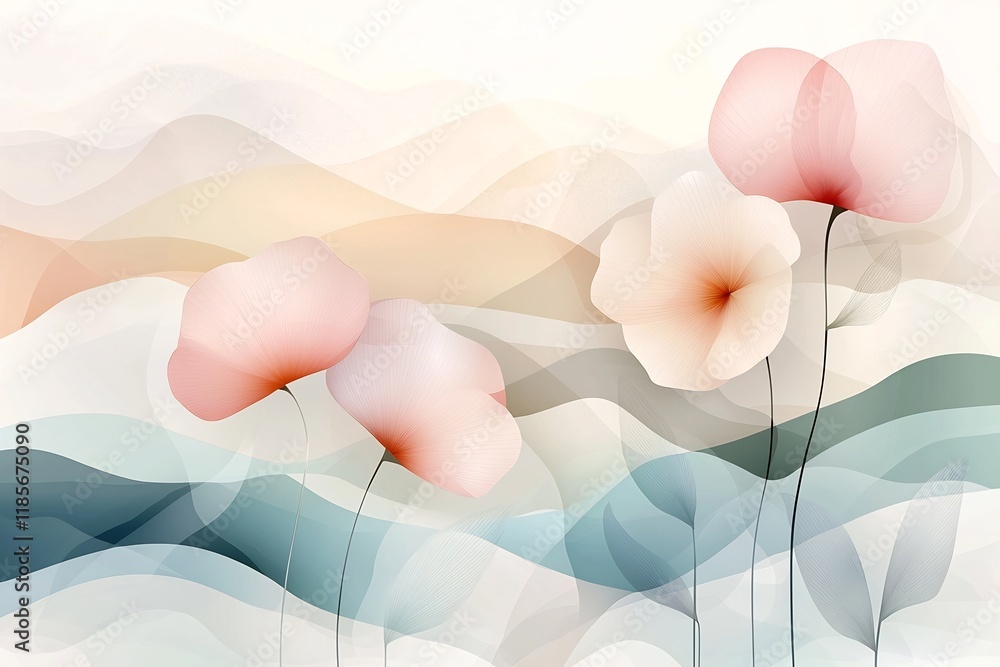 Poster ethereal pastel gradient landscape with abstract floral patterns subtle textures and pointillist ins