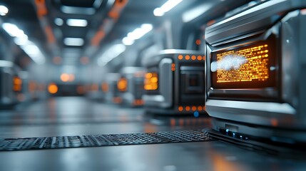 Futuristic high tech storage facility with holographic inventory display system  Automated robotic equipment and digital control interface for efficient data management and logistics optimization