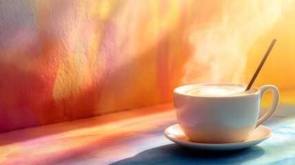 Fototapeta premium A cup of steaming latte with frothy milk accompanied by a slender wooden stirrer isolated on a colorful background