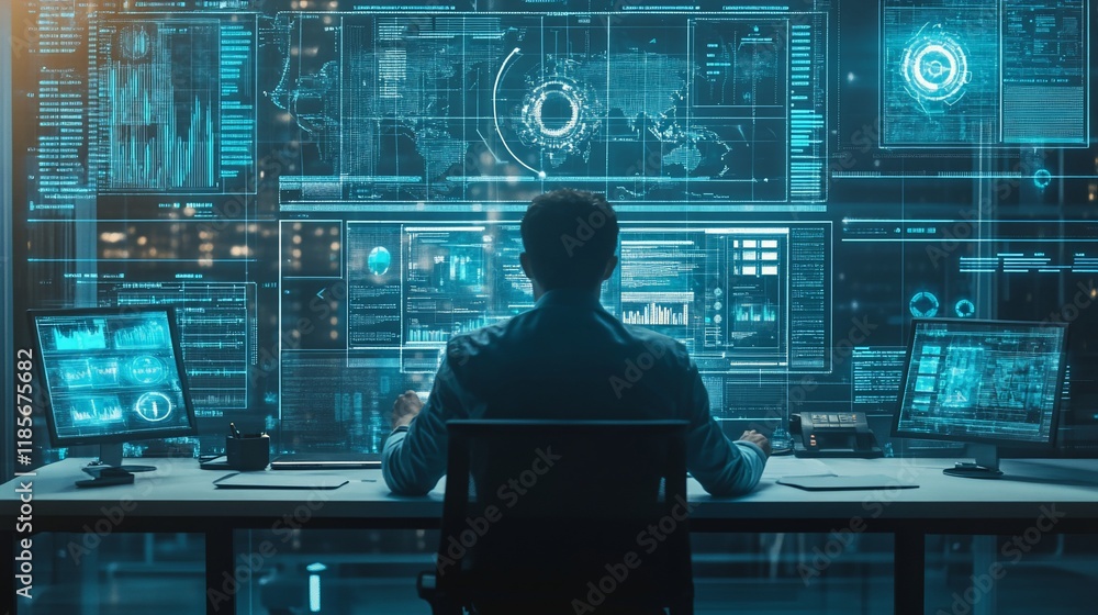 Poster cybersecurity analyst working late at night, monitoring global data streams