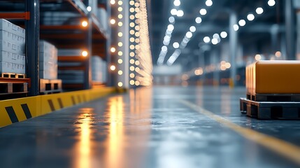 Glowing Warehouse Inventory with Tall Storage Racks and Blurred Background   Industrial Storage Facility with Illuminated Shelves Transportation and Logistics Concept
