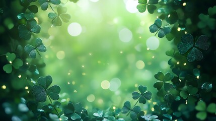 Fototapeta premium A vibrant green card framed by clovers and shimmering coins for St Patricks