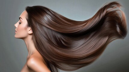 Fototapeta premium Elegant woman showcasing long, shiny brown hair in a graceful side profile with a gray background, perfect for showcasing beauty and style