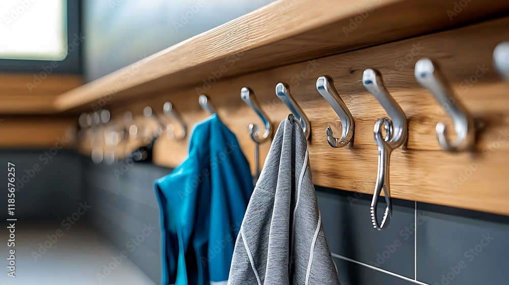 Poster utility storage room with wall mounted hooks for organized tool storage and efficient workspace setu