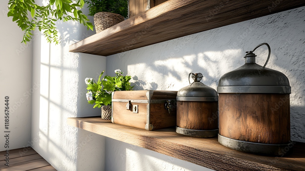 Poster a cozy and inviting rustic storage room featuring vintage trunks lanterns and wooden shelves creatin