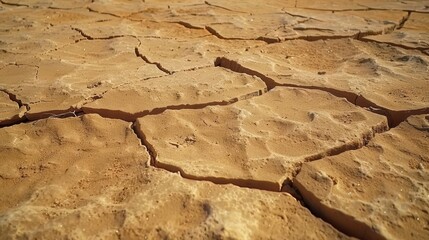 Fototapeta premium A close-up view of cracked, dry earth, illustrating the effects of drought and soil degradation.
