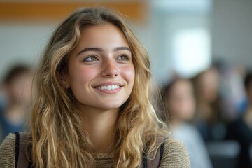 Obraz premium Happy female college student in lecture hall looking away. Generative AI