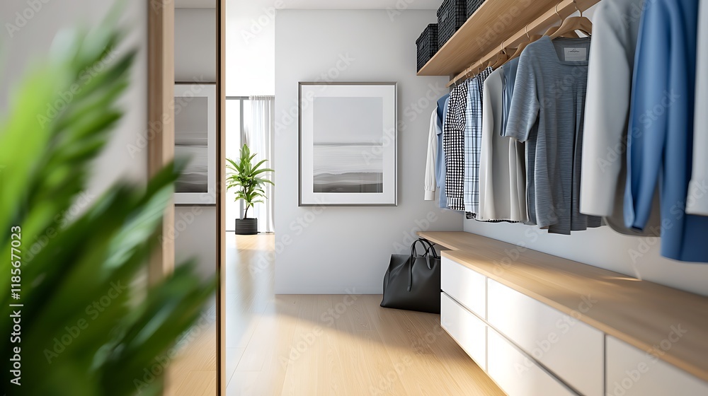Poster organized and efficient walk in closet with custom shelving and storage solutions for a minimalist a