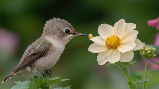 A hummingbird feeding from a light yellow flower in a vibrant garden setting.