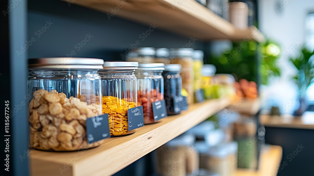 Poster organized and tidy pantry storage room with labeled glass jars and containers displaying various dry
