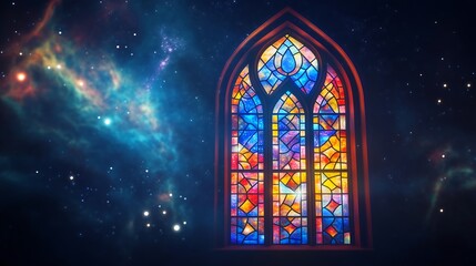 Obraz premium Religion in the outer space, colorful stained glass window glowing with abstract light patterns, suspended in the darkness of space with stars behind it, religious symbolism, holy, fantasy, church 
