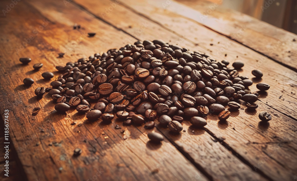 Poster pile of coffee beans on a wooden table. the beans are spread out and some are piled on top of each o