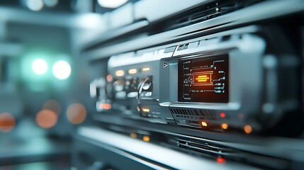 Futuristic interior of a high tech digital storage room featuring a sleek glowing holographic interface and advanced technological equipment  The image represents the concept of data management