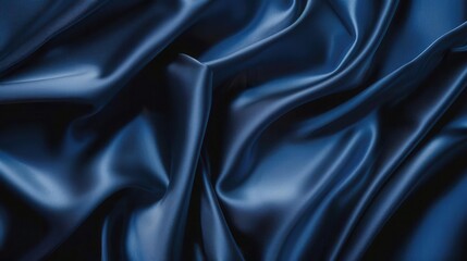 Obraz premium A close-up view of luxurious dark blue satin fabric, showcasing its smooth texture and elegant draping.