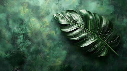 A detailed and artistic interpretation of a tropical leaf with bold green textures, blending into a calming nature background