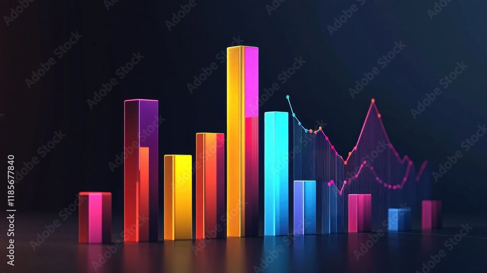Aufkleber a vibrant d bar chart displaying fluctuating data in various colors, set against a sleek, dark backg