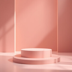 Fototapeta premium Pastel Pink Minimalist Platform: Sunlit Cylinders and Soft Shadows
