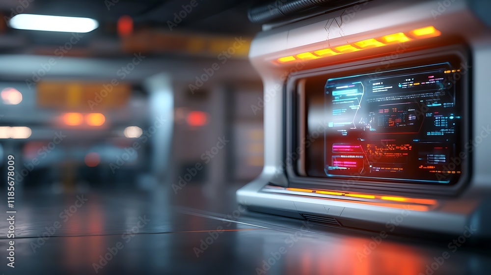 Poster futuristic storage room with glowing shelves and holographic display panels showcasing advanced tech